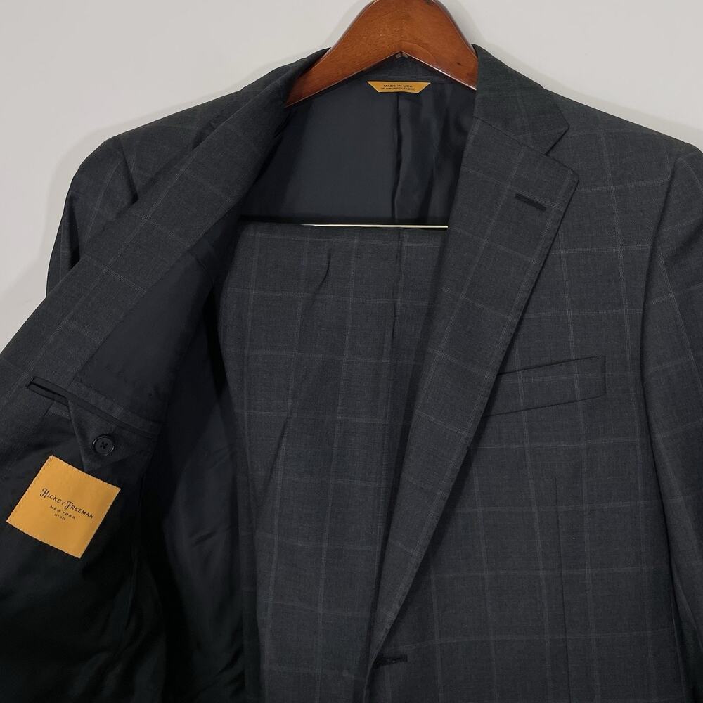 Hickey Freeman Charcoal Gray Windowpane Check Suit 40R Pants 33 X 29 (+3)